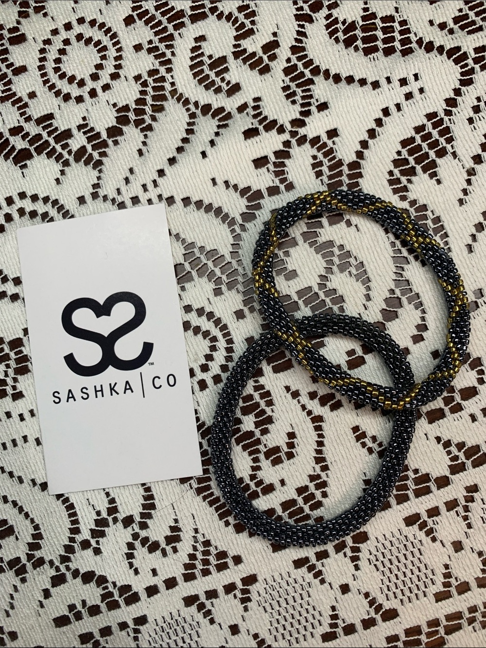 Gunmetal Grey/Gold Artisan Hand Beaded Bracelet set of 2